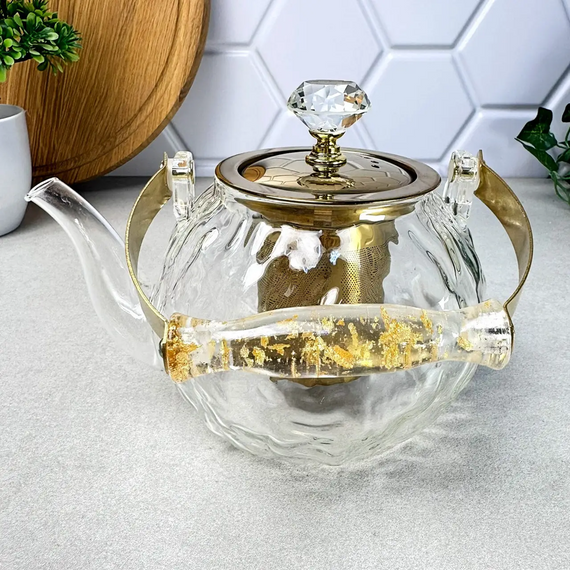 Стильный стеклянный чайник Masala GK-5812 1 л с золотистыми элементами и удобным заварочным фільтром Прозрачный | Зображення 3