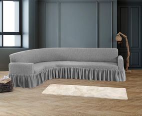 Жаккардовый чехол на угловой диван Stone с юбкой светло-серый