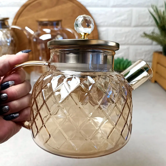 Термостійкий скляний чайник Amber Crystal GK-5502 1 л декоративний рельєфний дизайн Бурштиновий перламутр | Зображення 4