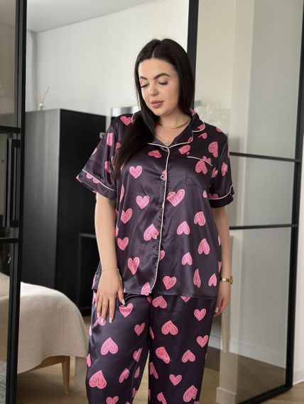 Піжама PLUS SIZE чорна у сердечко з сорочкою та штанами | Зображення 2