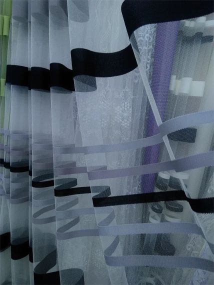 Тюль фатін в смужках білий з сірим та чорним на метраж в спальню / зал / вітальню | Зображення 1