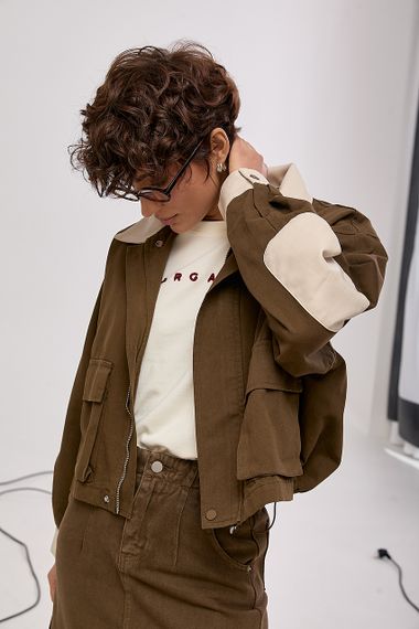 Котонова вітровка зі вставками з еко-шкіри - коричневий цвет, ONE SIZE (є розміри)