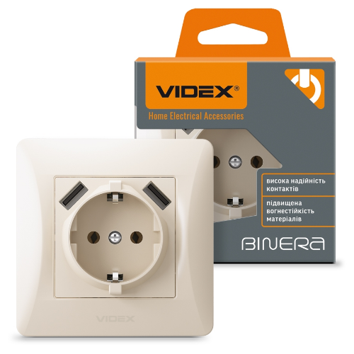 BINERA крем Розетка внутрішня 1-а +2USB із заземленням Videx