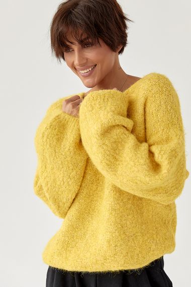 В’язаний жіночий джемпер з рукавами-ліхтариками - жовтий цвет, ONE SIZE (є розміри)