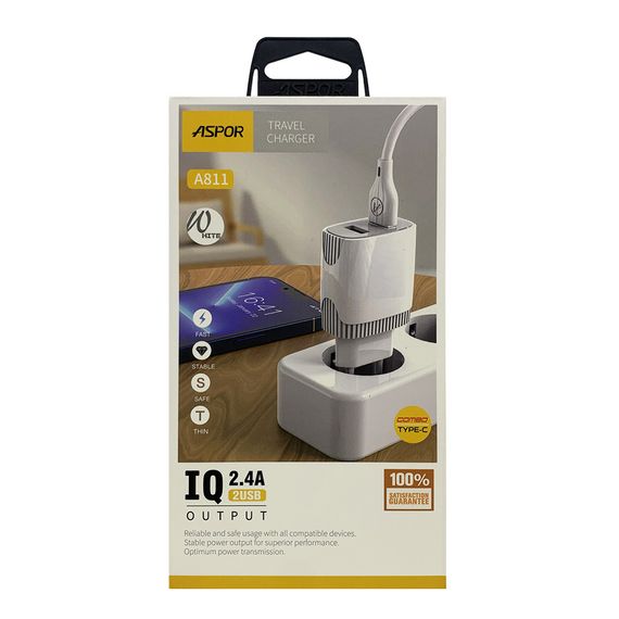 Мережевий зарядний пристрій Aspor A811 (2USB/2.4 A) + USB-кабель Type-C-білий | Зображення 5