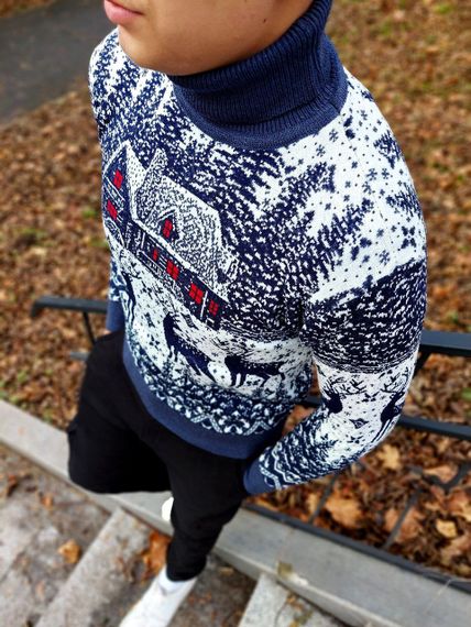 Мужской новогодний свитер Олени домик PA0001 цвет синий, размер L | Зображення 3