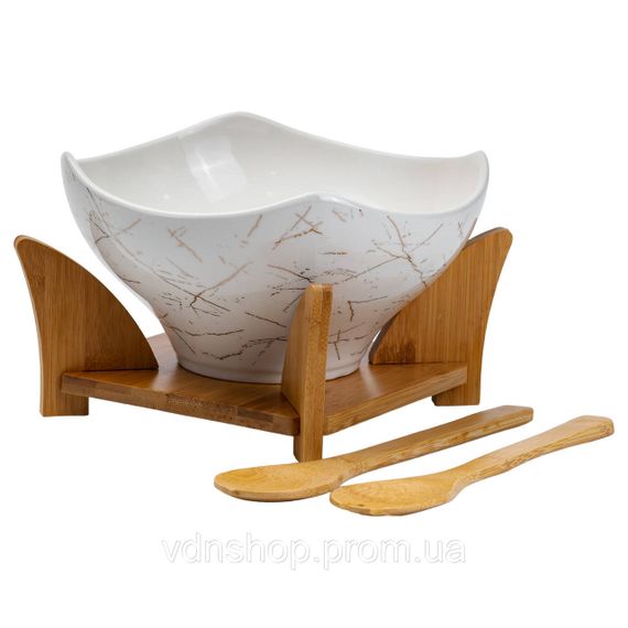 Салатница га бамбуковой пподставке  с вилкой и ложкой 22*22*14 см Белый HP1228 | Зображення 2