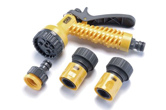 Набор: пистолет-распылитель 7 режимов, коннекторы 3/4: 3/4 аквастоп, 3/4, адаптер 1/2+3/4 СИЛА