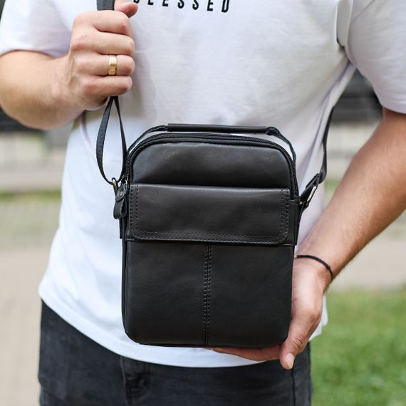 Чоловіча шкіряна сумка, барсетка з натуральної шкіри 24х18х8, сумочка для чоловіків, чорна | Зображення 3
