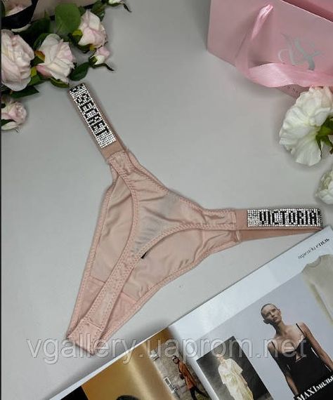 Женские трусики Виктория Сикрет со стразами, трусики стринги Victoria’s Secret, модные трусики стринги Бежево-персиковый, M