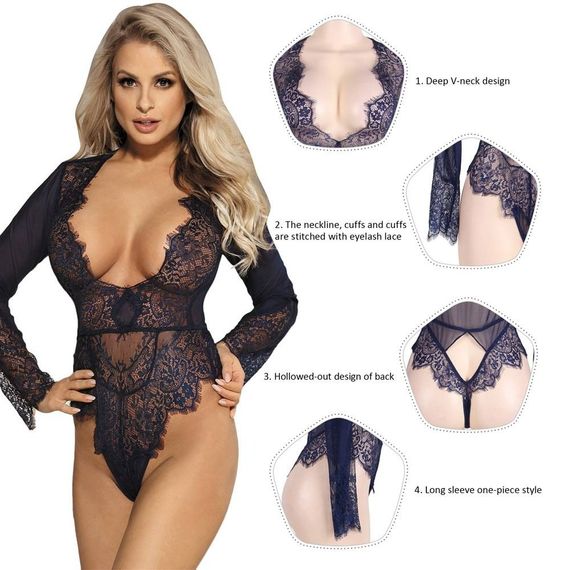 Изысканный кружевной боди с длинными рукавами Star Night синий, M Sex Aura | Зображення 3
