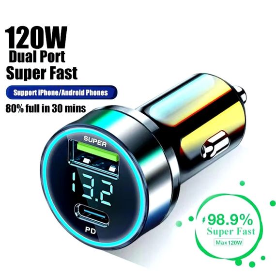 Автомобильное зарядное устройство 120 Вт + PD 20 Вт, 2 USB-порты, быстрая зарядка. | Зображення 4