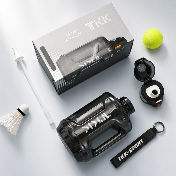 Спортивная бутылка TKK 2300 мл (2.3 л) : ударопрочный Tritan BPA-free, с ручкой и клапаном, Черная | Зображення 2