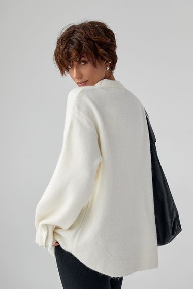 В'язаний вільний джемпер з оригінальними манжетами на рукавах - молочний цвет, ONE SIZE (є розміри) | Зображення 1