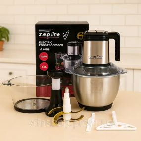 Измельчитель кухонный Zepline ZP-00219 комплект с 2 чашами стекло и металлическая 3.2 л чоппер 3000 Вт