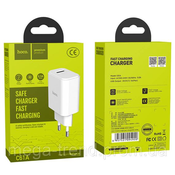 Адаптер мережевий Hoco Victoria C61A |1USB, 2,1A| | Зображення 1