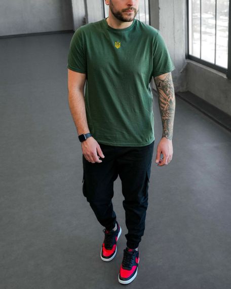 Мужская хлопковая футболка с вышивкой Тризуб Украина BD0036 размер L, цвет хаки