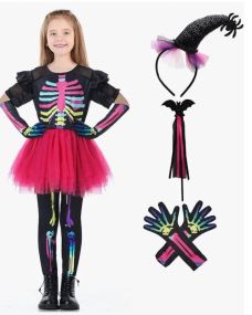 Костюм скелета для дівчинки 110 см 4-5 р комбінезон з принтом кісток, рожевою спідницею рукавичками для Хелловіна