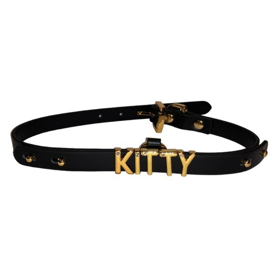 Чокер с надписью KITTY от UPKO из итальянской кожи, черный с золотой фурнитурой sexstyle
