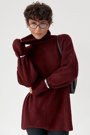 Тепла в'язана туніка в рубчик - бордо цвет, ONE SIZE (є розміри)