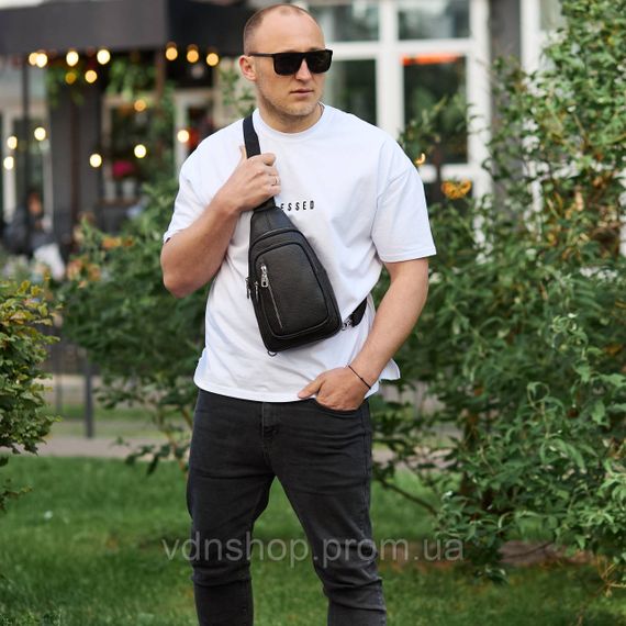 Сумка-слинг мужская через плече 19х31х7, нагрудная сумочка рюкзак из натуральной кожи TIDING BAG 32545 черная | Зображення 9