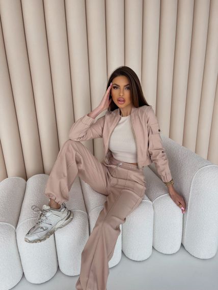 Женский модный прогулочный костюм брюки-джоггеры и короткий жакет LI8893 цвет бежевый, размер 46/48 | Зображення 5