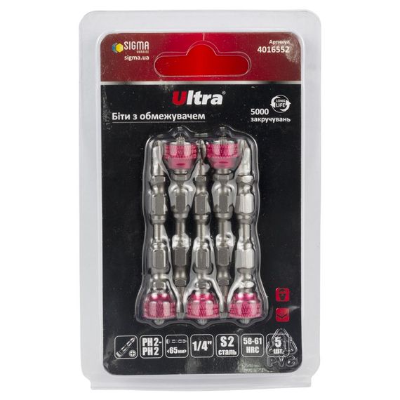 Набір біт Ultra з обмежувачем PH2-PH2×65мм ¼" 5шт S2 (блістер) 4016552