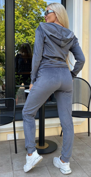 Жіночий спортивний велюровий костюм на блискавці з капюшоном штани на манжеті колір сірий розмір 46/48  Mon2052 | Зображення 3