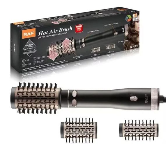Фен браш стайлер з насадкою, що обертається RAF R.421 електричний гребінець Чорний 1000 Вт | Зображення 1