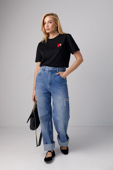 Трикотажна футболка з вишитим серцем - чорний цвет, L (є розміри) | Зображення 2