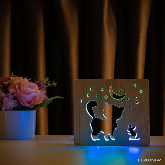Светильник ночник ArtEco Light из дерева LED "Кот и мышка под луной" с пультом и... | Зображення 8