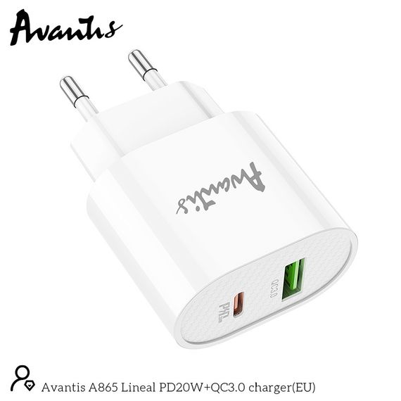 Мережевий зарядний пристрій Avantis A865PD QC3.0 (20W PD) — білий | Зображення 1