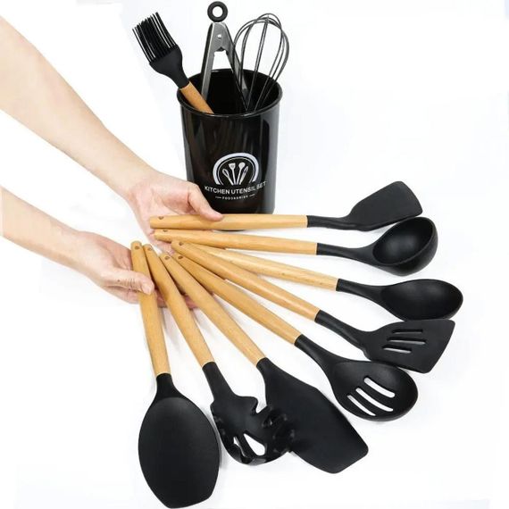 Набор кухонных принадлежностей из 12 предметов Kitchen Set, Черный / Силиконовый кухонный набор с подставкой | Зображення 3