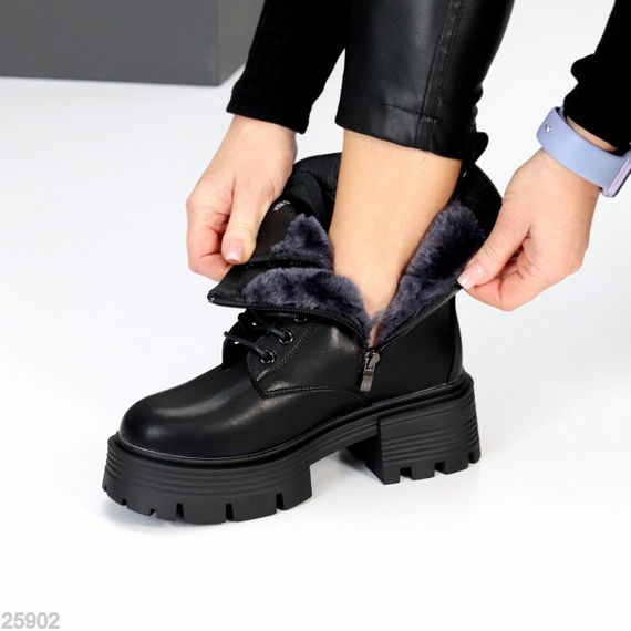 Чорні зимові шкіряні черевики берці на тракторній підошві | Зображення 3