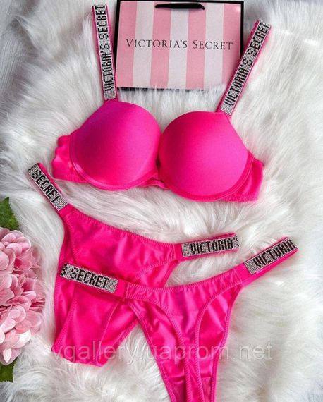 Комплект Трійка - Топ+Танга+Стрінги Victoria's Secret зі стразами, Жіночий купальник Вікторія Сікрет, Рожевий, 75B