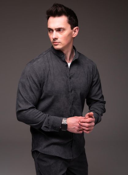 Мужская вельветовая рубашка с воротником стойка и длинным рукавом на пуговицах цвет темно-серый, размер L  RA2334 | Зображення 3