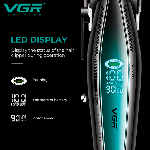 Аккумуляторная машинка для стрижки VGR V-270, 6 насадок, 9000 RPM, 2500 mAh, LED дисплей | Зображення 6