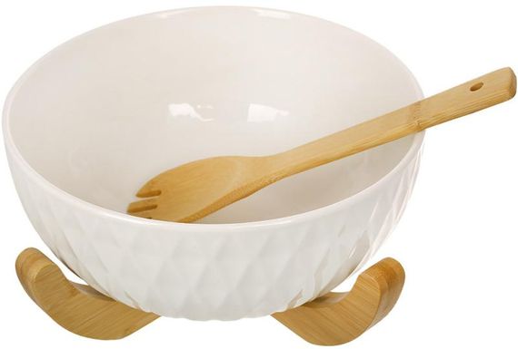 Фарфоровая салатница на бамбуковой подставке Ceram-Bamboo 3л с салатовой ложкой