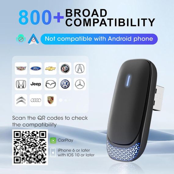 CarPlay бездротовий адаптер для iPhone iOS 10+, перехідник з дротового на бездротовий карплей для авто 2016+ з підсвіткою | Зображення 5