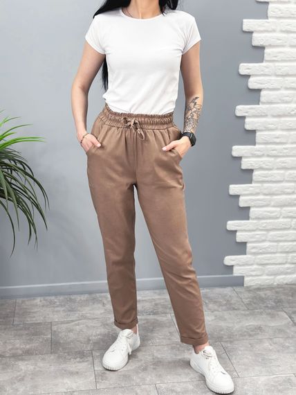 Женские легкие льняные брюки укороченные GF1702 цвет светло-коричневый (капучино), размер 52 | Зображення 3