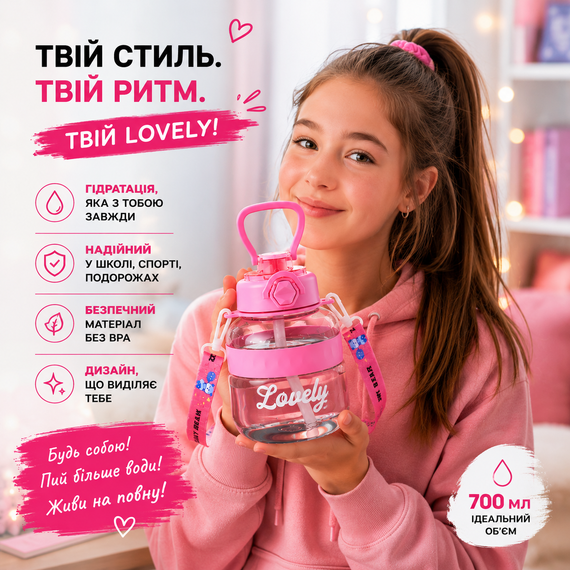 Бутылка для воды Lovely 700 мл с трубочкой и защитой от протечек, Розовая (BPA Free) | Зображення 8