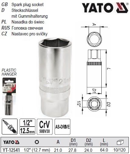 Головка торцевая для свечей YATO Польша 1/2" М21 YT-12541