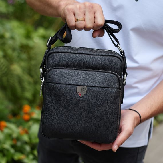 Чоловіча шкіряна сумка-барсетка 24х20х8, компактна сумочка на плече для чоловіка, наплічний месенджер, чорна | Зображення 1