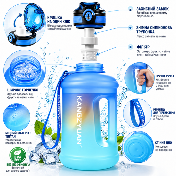 Эко-бутылка KANGZYUAN 2500 мл - Голубая Tritan BPA-free, ударопрочная спортивная бутылка с ручкой и ремешком | Зображення 6
