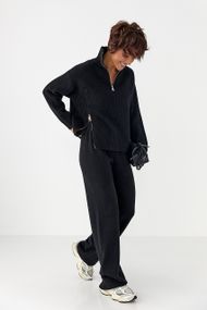 В'язаний костюм зі светром із блискавками та прямими штанами - чорний цвет, ONE SIZE (є розміри)