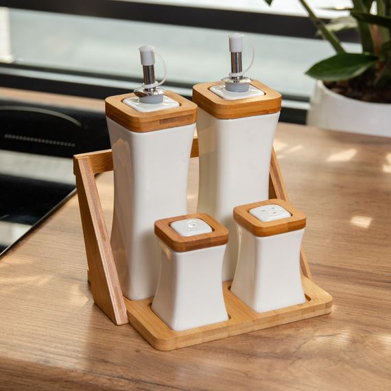 Набор для специй фарфоровый 4 предмета на бамбуковой подставке HP-1221 | Зображення 6
