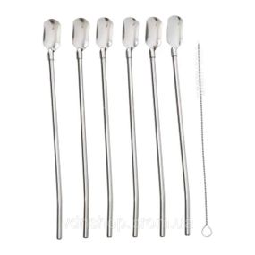 Набор многоразовых ложек-трубочек 6 шт для напитков 22  см с щеткой для мытья из нержавеющей стали Серый HP-20-19