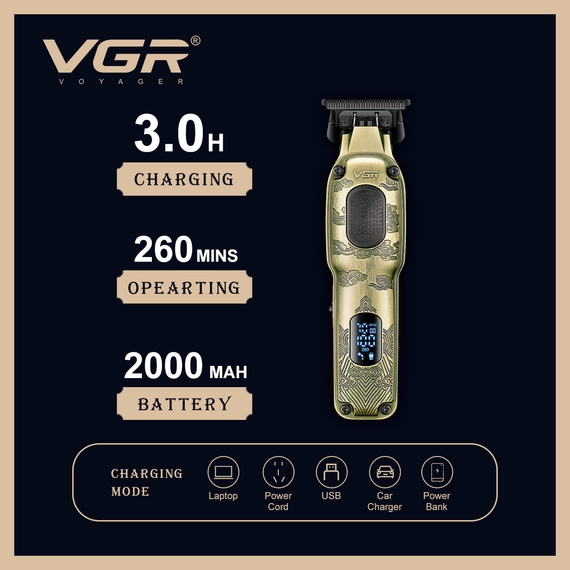 Триммер для стрижки аккумуляторный VGR V-954, 4 насадки, 7000 RPM, LED дисплей | Зображення 4