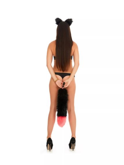 Анальный меховой хвост без пробки, Черный с ярко-розовым кончиком, OKOVA 50 см. sexstyle | Зображення 5