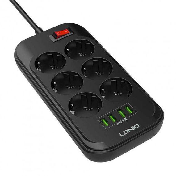 Подовжувач мережевий Ldnio SE6403, 4USB, 6 розеток, 2м, чорний | Зображення 1